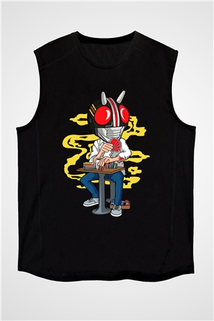 Kamen Gambler Baskılı Unisex Siyah Kolsuz Tişört
