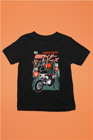 Kamen Motorider Baskılı Unisex Siyah Çocuk Tişört