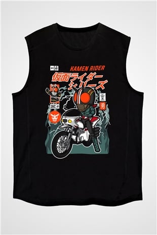 Kamen Motorider Baskılı Unisex Siyah Kolsuz Tişört