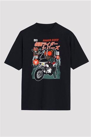 Kamen Motorider Baskılı Unisex Siyah Oversize Tişört