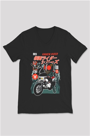 Kamen Motorider Baskılı Unisex Siyah V Yaka Tişört