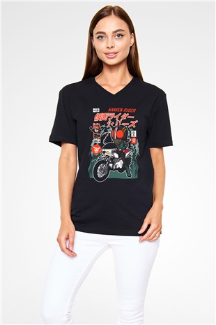 Kamen Motorider Baskılı Unisex Siyah V Yaka Tişört