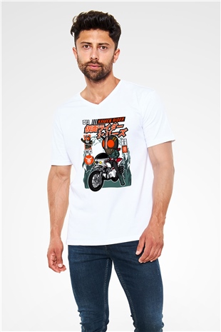 Kamen Rider Baskılı Unisex Beyaz V Yaka Tişört