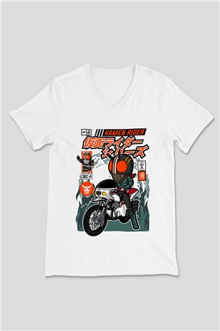 Kamen Rider Baskılı Unisex Beyaz V Yaka Tişört