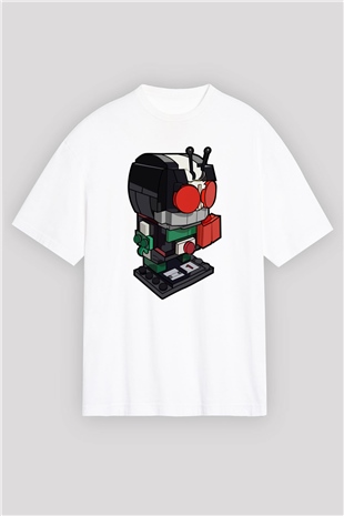 Kamen Rider Lego Baskılı Beyaz Unisex Oversize Tişört