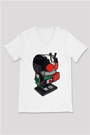 Kamen Rider Lego Baskılı Beyaz Unisex V Yaka Tişört