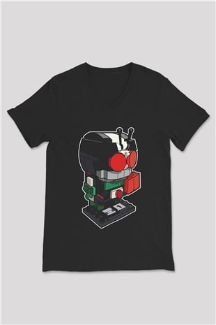 Kamen Rider Lego Baskılı Siyah Unisex V Yaka Tişört