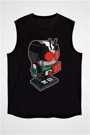 Kamen Rider Lego Baskılı Siyah Unisex Kolsuz Tişört