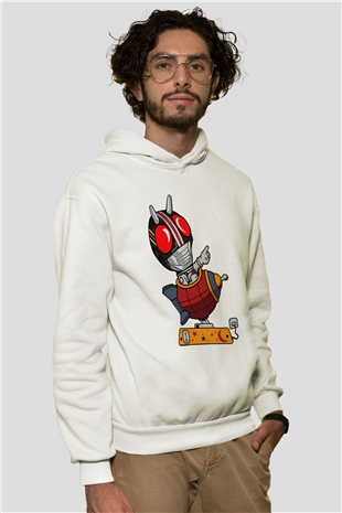 Kamen Rocket Baskılı Beyaz Unisex Hoodie