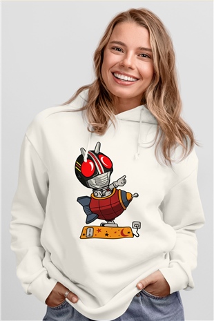 Kamen Rocket Baskılı Beyaz Unisex Hoodie