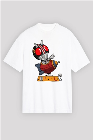 Kamen Rocket Baskılı Beyaz Unisex Oversize Tişört