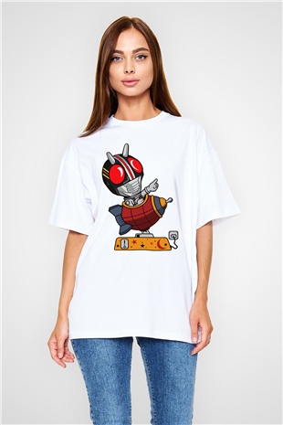 Kamen Rocket Baskılı Beyaz Unisex Oversize Tişört