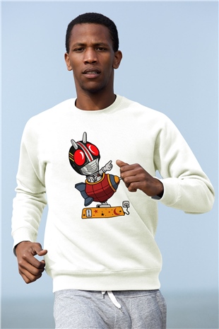 Kamen Rocket Baskılı Beyaz Unisex Sweatshirt