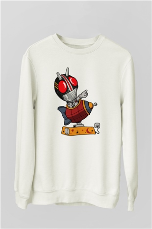 Kamen Rocket Baskılı Beyaz Unisex Sweatshirt