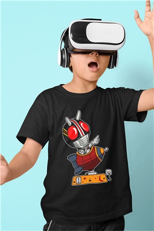 Kamen Rocket Baskılı Siyah Çocuk Unisex Tişört
