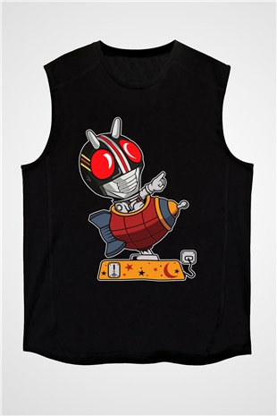 Kamen Rocket Baskılı Siyah Unisex Kolsuz Tişört
