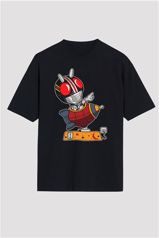 Kamen Rocket Baskılı Siyah Unisex Oversize Tişört