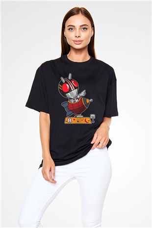 Kamen Rocket Baskılı Siyah Unisex Oversize Tişört
