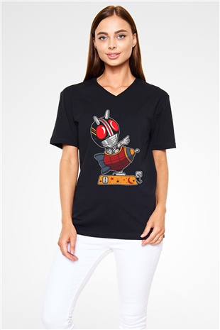 Kamen Rocket Baskılı Siyah Unisex V Yaka Tişört
