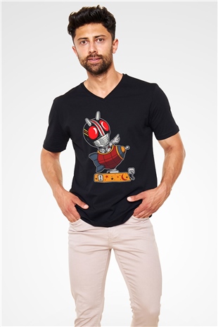 Kamen Rocket Baskılı Siyah Unisex V Yaka Tişört
