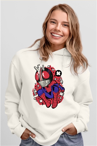 Kamen Spider Baskılı Beyaz Unisex Hoodie