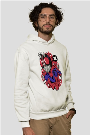 Kamen Spider Baskılı Beyaz Unisex Hoodie