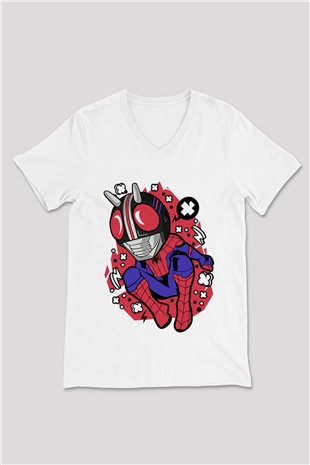 Kamen Spider Baskılı Beyaz Unisex V Yaka Tişört