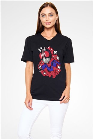 Kamen Spider Baskılı Siyah Unisex V Yaka Tişört