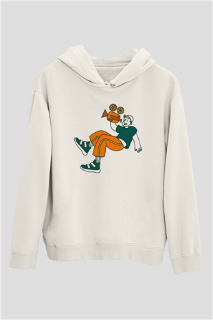 Kameraman Beyaz Unisex Kapüşonlu Sweatshirt