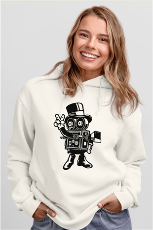 Kameraman Beyaz Unisex Kapüşonlu Sweatshirt