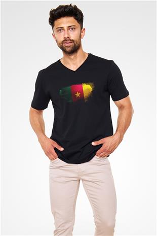 Kamerun - Cameroon Bayrağı Baskılı Unisex Siyah V Yaka Tişört