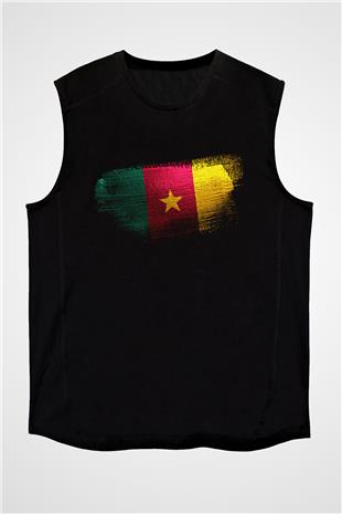 Kamerun - Cameroon Bayrağı Baskılı Unisex Siyah Kolsuz Tişört