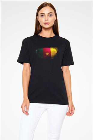 Kamerun - Cameroon Bayrağı Baskılı Unisex Siyah Tişört