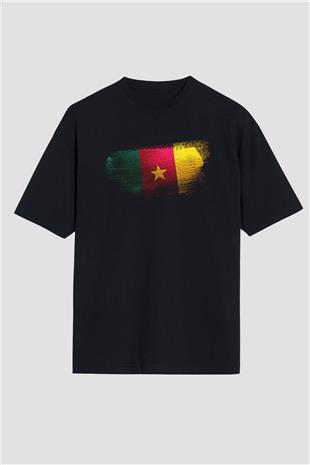 Kamerun - Cameroon Bayrağı Baskılı Unisex Siyah Oversize Tişört