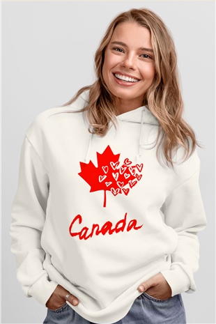 Kanada Beyaz Unisex Kapşonlu Sweatshirt