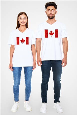 Kanada Beyaz Unisex V Yaka Tişört T-Shirt