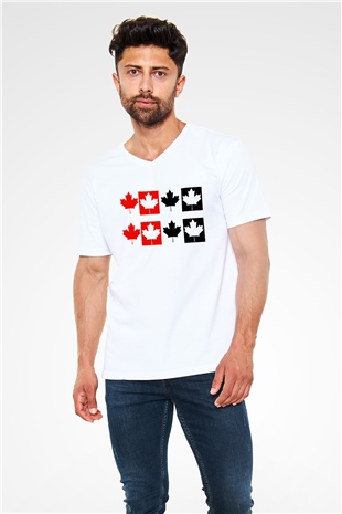 Kanada Beyaz Unisex V Yaka Tişört T-Shirt