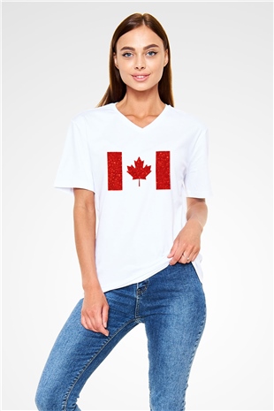 Kanada Beyaz Unisex V Yaka Tişört T-Shirt