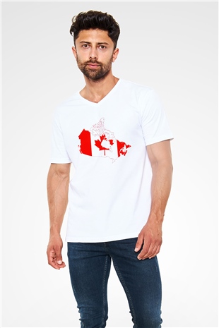 Kanada Beyaz Unisex V Yaka Tişört T-Shirt