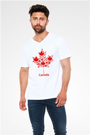 Kanada Beyaz Unisex V Yaka Tişört T-Shirt