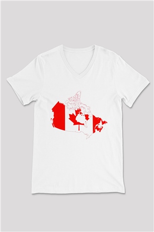 Kanada Beyaz Unisex V Yaka Tişört T-Shirt