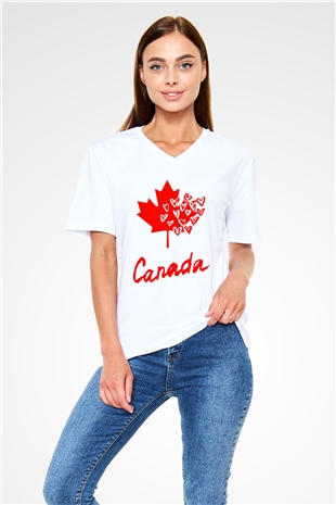 Kanada Beyaz Unisex V Yaka Tişört T-Shirt