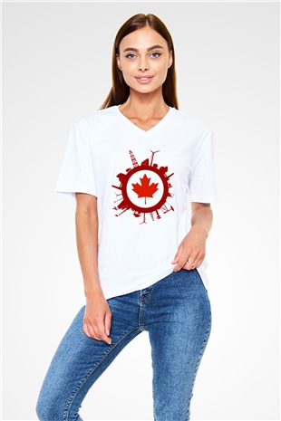 Kanada Beyaz Unisex V Yaka Tişört T-Shirt