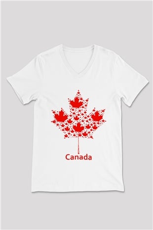 Kanada Beyaz Unisex V Yaka Tişört T-Shirt