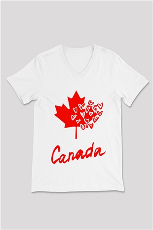 Kanada Beyaz Unisex V Yaka Tişört T-Shirt