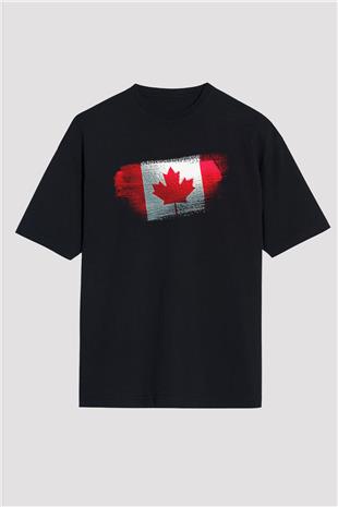 Kanada - Canada Bayrağı Baskılı Unisex Siyah Oversize Tişört