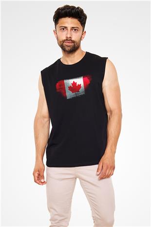 Kanada - Canada Bayrağı Baskılı Unisex Siyah Kolsuz Tişört