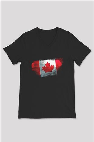 Kanada - Canada Bayrağı Baskılı Unisex Siyah V Yaka Tişört