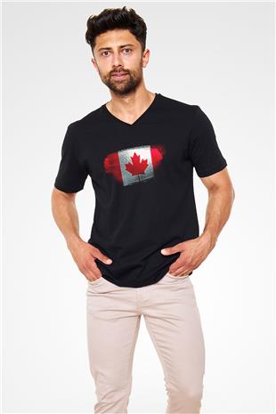 Kanada - Canada Bayrağı Baskılı Unisex Siyah V Yaka Tişört
