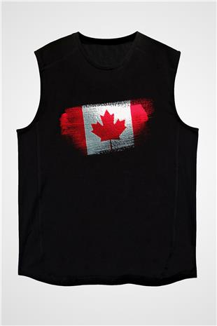 Kanada - Canada Bayrağı Baskılı Unisex Siyah Kolsuz Tişört
